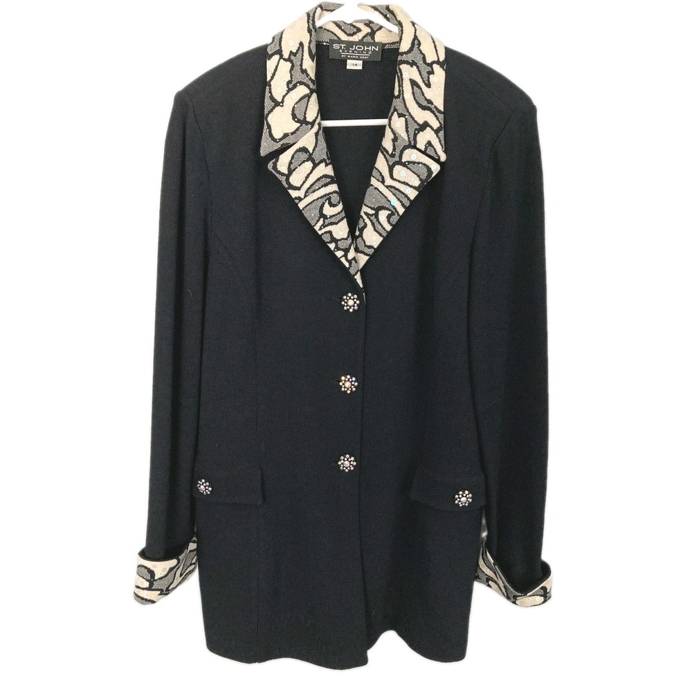 Vtg St John Evening Blazer Jacket Women 14 Santana Knit Sequin Animal Rhinestone
